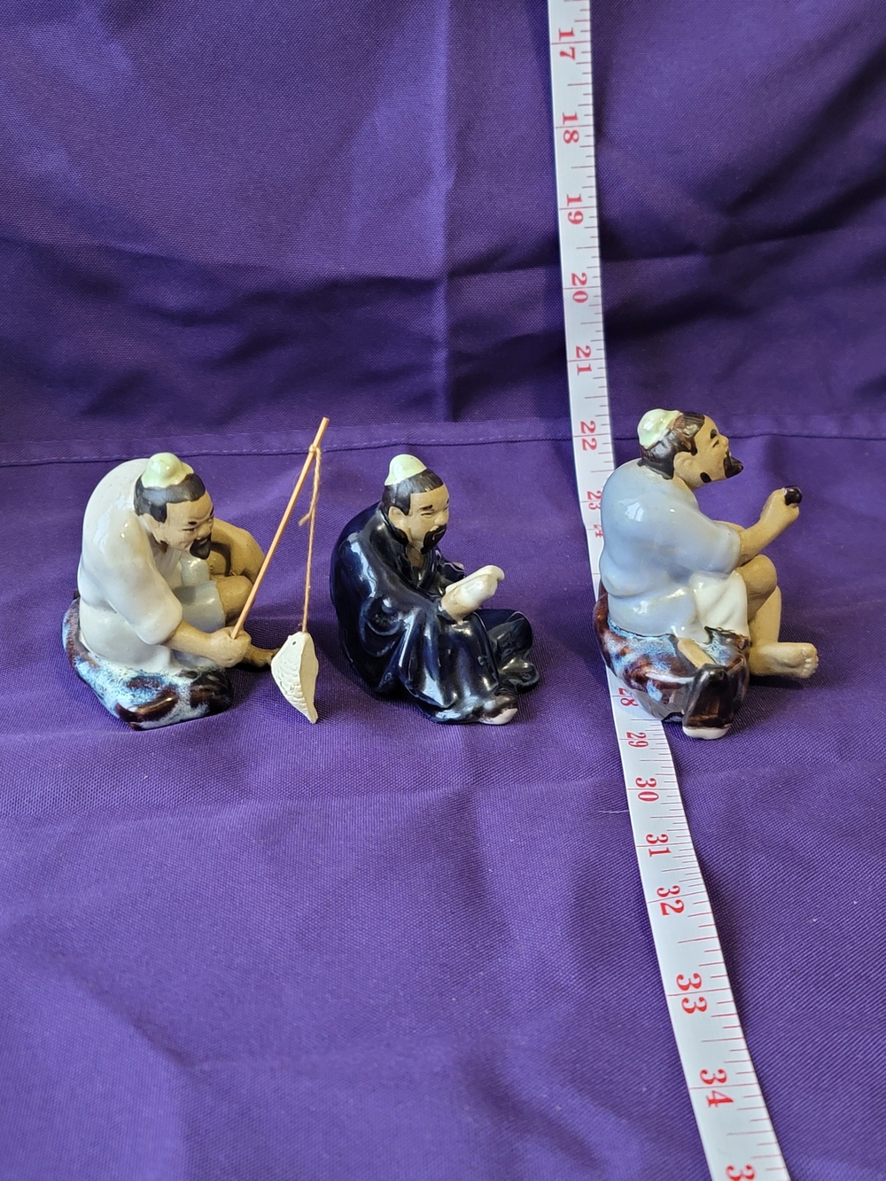 Hand-Painted Chinese Mudmen Figurine Set - Purple, Black, Cream Accent